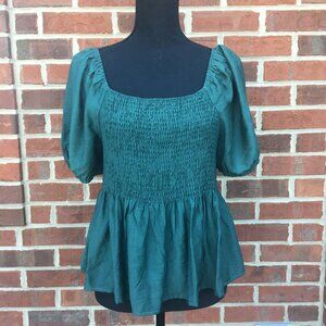 Sason Curve Peplum Top Womens 0XL Green Smocked Puff Sleeve Romantic Whimsical